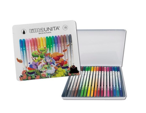 Tinta Unita metal box 18 pennarelli brush bi-punta – edizione Fraffrog, scatola in metallo