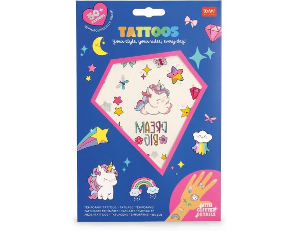 Legami - Tatuaggi Temporanei per Bambini, Tema Unicorn, Lavabili, Resistenti a Sudore e Acqua, con Dettagli Glitter, facili da 