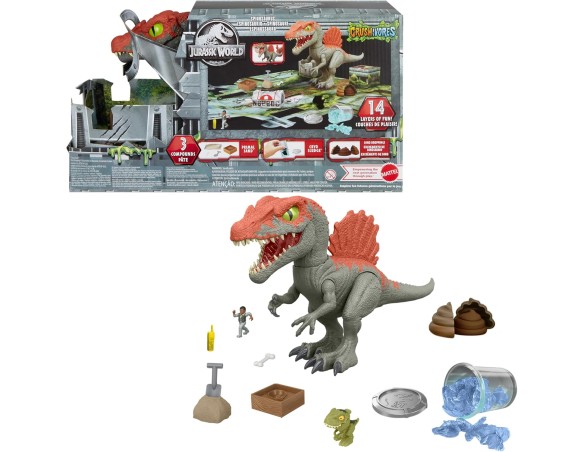 Mattel Jurassic World Crushivores - Spinosauro Cage Crasher, dinosauro con accessori a sorpresa da scoprire, sabbia, gel e past