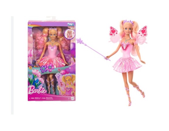 Barbie - Fata con bacchetta stellata, bambola a tema fantasy con capelli bondi, ali e outfit cambia colore in acqua calda e fre