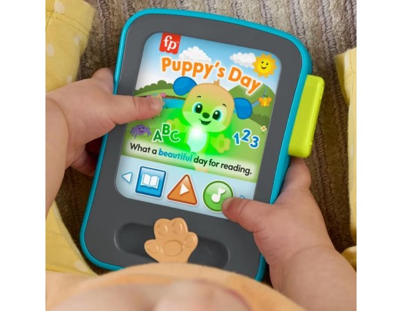 Fisher-Price Tablet delle Storie di Cagnolino Ridi e Impara, giocattolo per neonati, finto tablet con musica e luci- per bambin