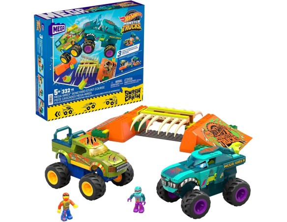 MEGA Hot Wheels Monster Trucks - Percorso Sfasciacarrozze Mega-Wrex Scontra e Schianta, Set da costruzione con 332 pezzi, 2 vei