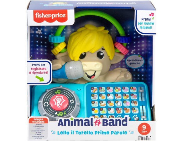 Fisher- Price Animal Band - Lello il Torello Prime Parole, toro interattivo per l'apprendimento con tasti a forma di lettera e 