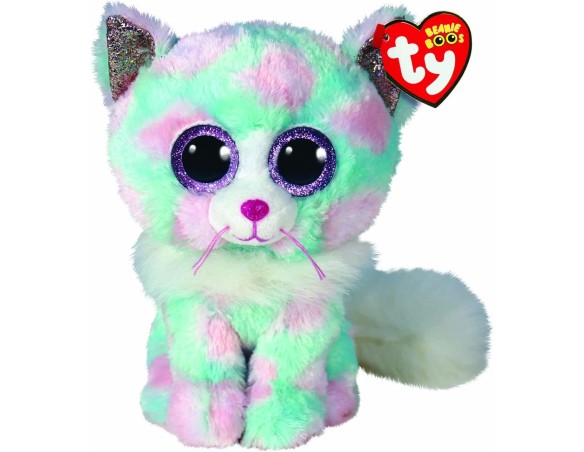 TY - Peluche - Beanie Boos - Gatto - Opal - Azzurro, Bianco e Rosa - Gattino con occhioni e orecchie glitter viola - Il morbido