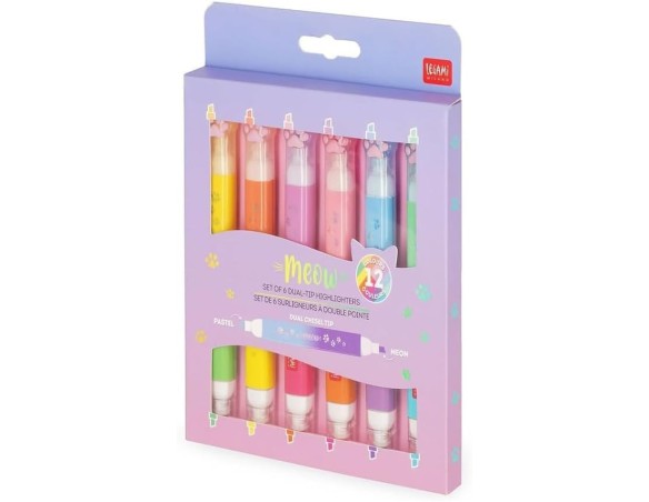 Legami - Set di 6 Evidenziatori Doppia Punta Pastello e Neon, Meow, 6 Pezzi, 12 Colori (1 confezione)