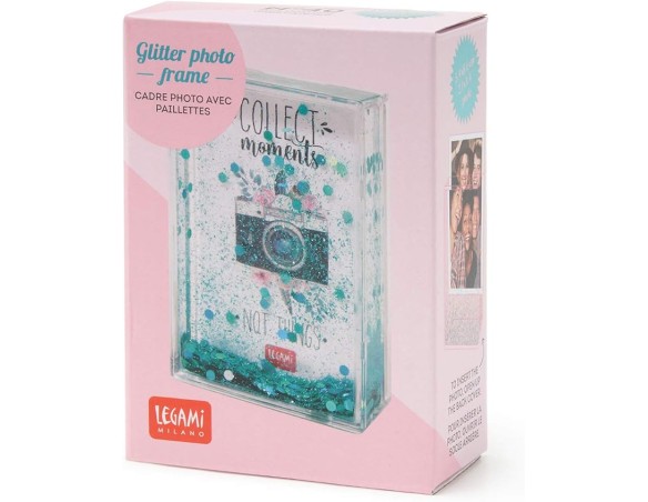 Legami - Portafoto con Glitter, 6,2x9,4 cm, in PC e Liquido, Variante Blue Glitter, Portafoto da Tavolo, una Fotografia Sostitu