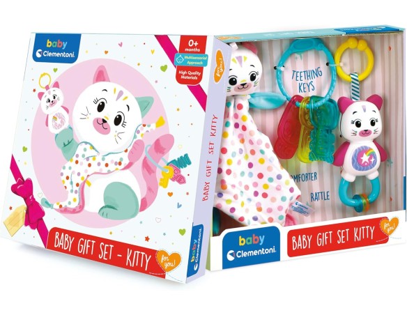 Baby Clementoni for You - Baby Gift Set Kitty, Idea Regalo Neonato, Accessori Prima Infanzia, Sonaglio con Anelli Mobili, Chiav