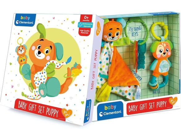 Baby Clementoni for You - Baby Gift Set Puppy, Idea Regalo Neonato, Accessori Prima Infanzia, Sonaglio con Anelli Mobili, Chiav