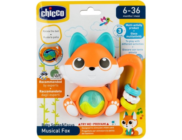 Chicco Sonaglio Musicale A Forma di Volpe, Trillino Elettronico, Suoni e attività Manuali, Orecchie in Plastica Morbida per La 