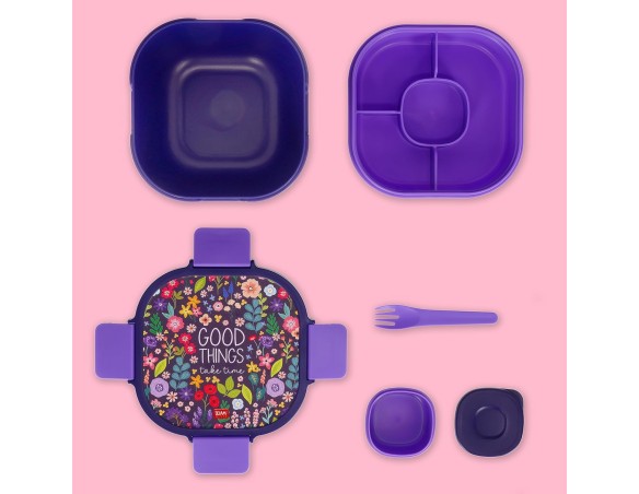 Legami - Contenitore Porta Pranzo, Lunch Box, Tema Flowers, 1 Forchetta, 1 Vassoio a scomparti, 1 Porta Condimenti Removibile I