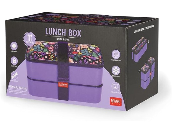 Legami - Porta Pranzo, Lunch Box con 3 Posate Incluse, Flowers, Contenitore, Capacità 1200 ml, a Prova di Perdite, Adatto a Mic