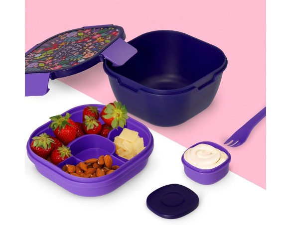 Legami - Contenitore Porta Pranzo, Lunch Box, Tema Flowers, 1 Forchetta, 1 Vassoio a scomparti, 1 Porta Condimenti Removibile I