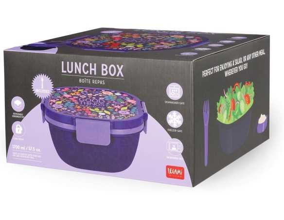 Legami - Contenitore Porta Pranzo, Lunch Box, Tema Flowers, 1 Forchetta, 1 Vassoio a scomparti, 1 Porta Condimenti Removibile I