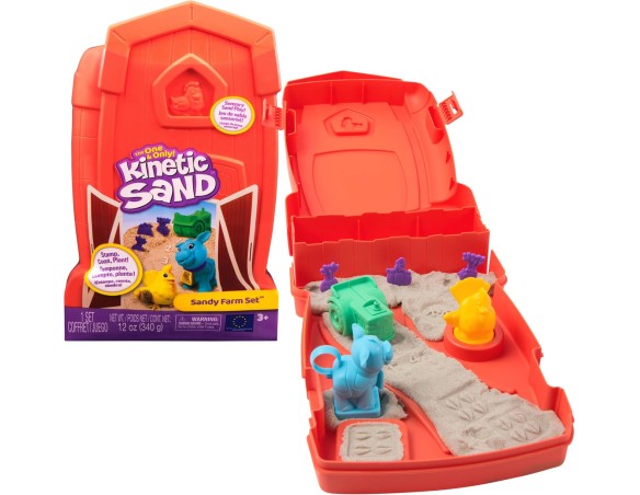 Kinetic Sand, Playset della Fattoria, con 340 g di Sabbia Cinetica, 6 Attrezzi e Formine, Valigetta a Forma di Fienile, Giocatt