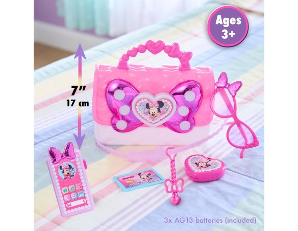 Just Play Set di Borsa con Il Fiocco di Minni Disney Junior, 7 Pezzi, Effetti Luminosi e sonori, Gioco di finzione, Giocattoli 