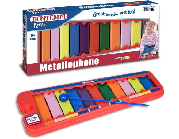 Bontempi | Xilofono Colorato, Metallofono 11 Piastrine Metalliche Note Colorate Sol-Do con Bacchetta, 31x12.5x2 cm