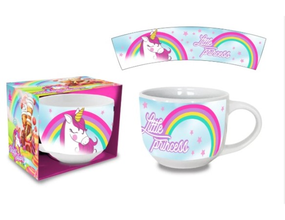 Tazza mug colazione in ceramica multicolor Unicorno per bambina, utilizzabile in microonde e lavabile in lavastoviglie, 380 ml 