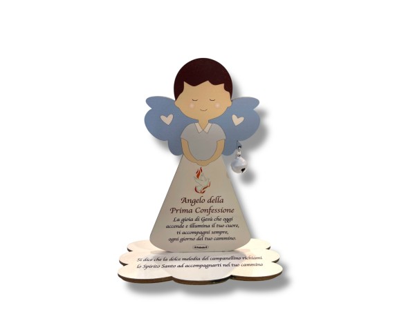 Fabula | Porta Foto/Memo Angelo della prima confessione maschile In Legno Naturale Con Sonaglino ed una molletta- Chiama angeli