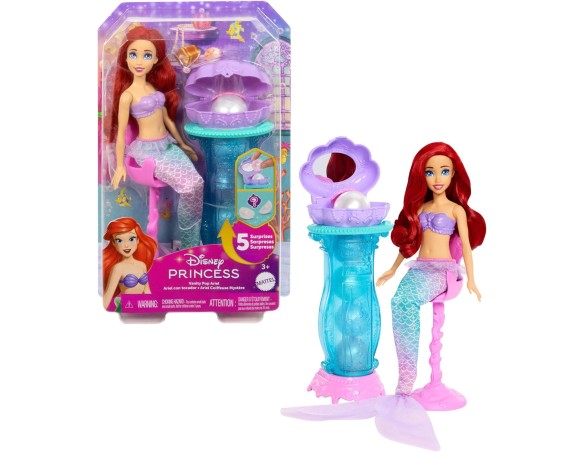 Mattel Disney Princess - Ariel e la Specchiera Magica, set bambola con coda da sirena rimovibile e specchiera con 5 perle a sor