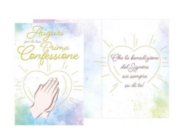 Biglietto di Auguri Prima Confessione - con Mani giunte e cuore