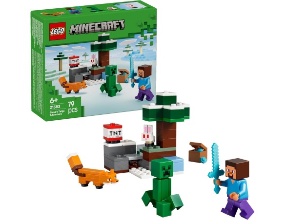 LEGO Minecraft Avventura di Steve nella Taiga - Giocattolo con Minifigure di Steve con Spada di Diamante, Creeper, Volpe e Coni