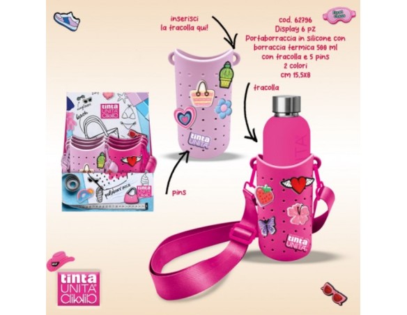 Borraccia Termica 500ml TintaUnita Click con Portaborraccia Silicone e 5 Pins