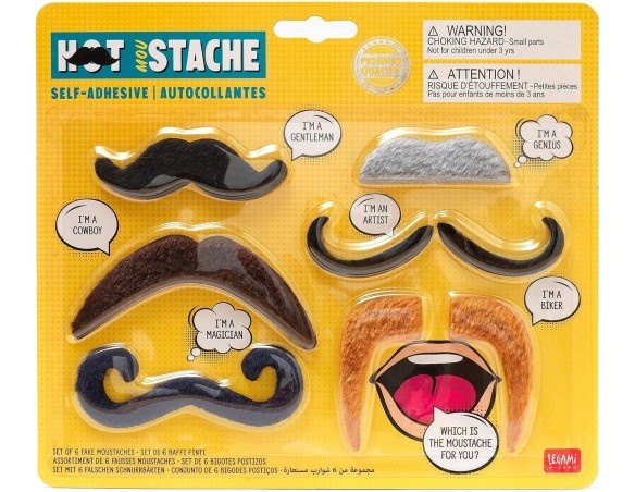 Legami - Set di 6 Baffi Finti Autoadesivi, Hot MOU Stache, 10x6,3 cm, Baffi Posticci Facili da Applicare e da Staccare, Adesivo