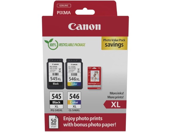 Canon Multipack Cartuccia & Carta - 2 Cartucce per Stampante Originali PG-545XL/CL-546XL (1 x Nero, 1 x Colori) & 4x6 Carta Fot