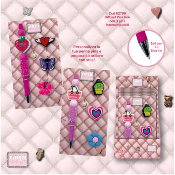 Penna Glitter TintaUnita Click Blu con 3 Pins...