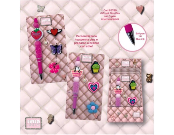 Penna Glitter TintaUnita Click Blu con 3 Pins Personalizzabili per Astuccio