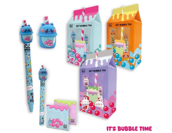 Set Stationery Bubble Tea tintaUNITA Zoo station gift tinta unita penna cancellabile mini matita temperino 3d 2 block notes