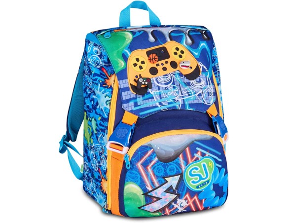 SJ GANG STYLE JAM GANG Zaino Scuola Estensibile JOYFUL PINS BOY, Blu, 24L, Zip Laterali, Inserto controller in gomma e pins amo