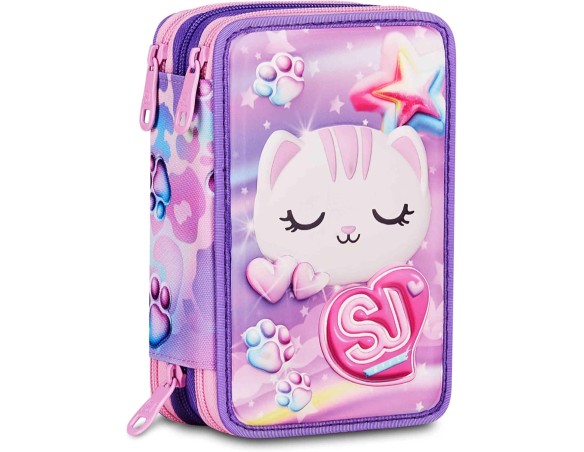SJ GANG STYLE JAM GANG Astuccio Scuola 3 Zip 3D GLOWCAT, Rosa, Triplo Scomparto, Scocca semi rigida con gattino in rilievo, Por
