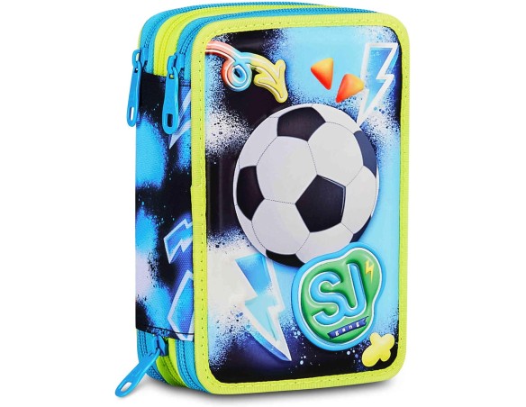 SJ GANG STYLE JAM GANG Astuccio Scuola 3 Zip 3D GLOWGAME, Blu, Triplo Scomparto, Scocca con pallone da calcio in rilievo, Porta