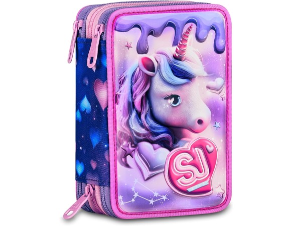 SJ GANG STYLE JAM GANG Astuccio Scuola 3 Zip 3D PIXIE UNICORN, Rosa, Triplo Scomparto, Scocca con unicorno in rilievo, Portapen