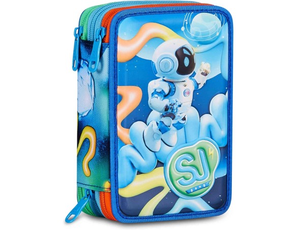 SJ GANG STYLE JAM GANG Astuccio Scuola 3 Zip 3D SPACE RIDE, Blu, Triplo Scomparto, Scocca con astronauta in rilievo, Portapenne