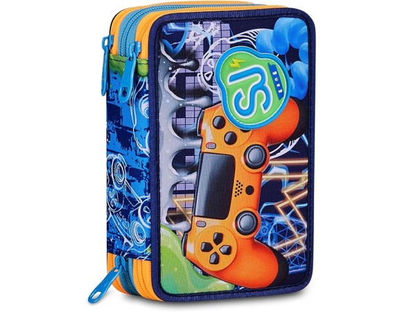 SJ GANG STYLE JAM GANG Astuccio Scuola 3 zip JOYFUL PINS BOY, Blu, Triplo Scomparto, 45 pezzi, Portapenne Attrezzato, Completo 