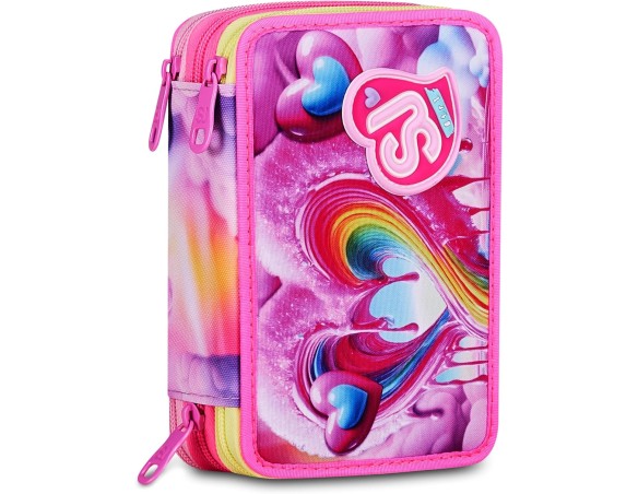 SJ GANG STYLE JAM GANG Astuccio Scuola 3 zip JOYFUL PINS GIRL, Rosa, Triplo Scomparto, 45 pezzi, Portapenne Attrezzato, Complet