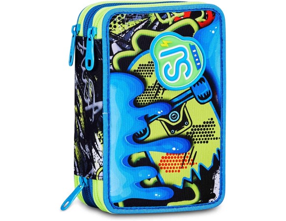 SJ GANG STYLE JAM GANG Astuccio Scuola 3 zip SOFT POUCH BOY, Blu, Triplo Scomparto, 45 pezzi, Portapenne Attrezzato, Completo d