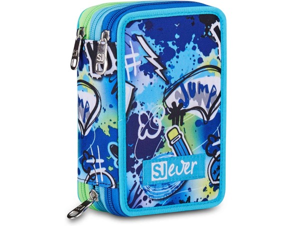 SJ GANG STYLE JAM GANG Astuccio Scuola 3 Zip, Sj Ever Cloudy Blue, Azzurro, Triplo Scomparto, Portapenne Attrezzato, 45 pezzi, 