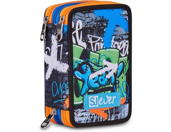 SJ GANG STYLE JAM GANG Astuccio Scuola 3 Zip, Sj Ever High Flames, Nero, Triplo Scomparto, Portapenne Attrezzato, 45 pezzi, Acc