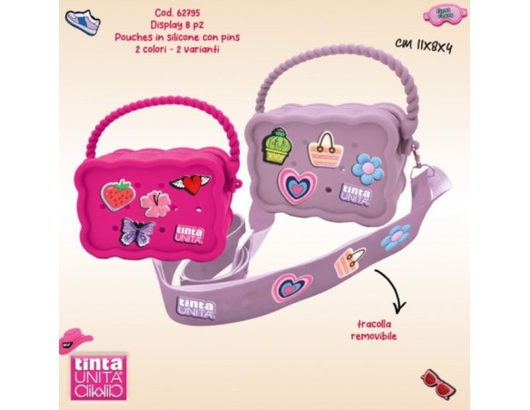 BORSA Pouch Silicone TintaUnita Clik 11x8x4cm Rettangolare con Tracolla e 3 Pins Inclusi