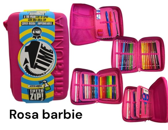 Astuccio Completo One Time Fucsia Rosa Barbie 3 piani una zip TintaUNITA con 18 Pastelli, 18 Pennarelli, 1 Penna Blu, 1 Penna R