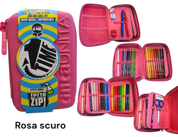 Astuccio Completo One Time Rosa Scuro 3 piani una zip TintaUNITA con 18 Pastelli, 18 Pennarelli, 1 Penna Blu, 1 Penna Rossa, un