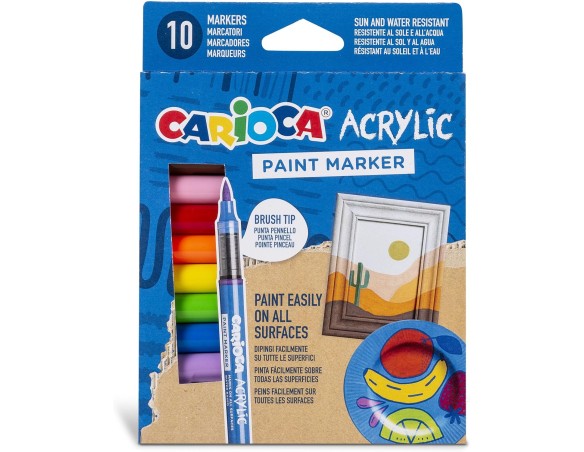 Carioca Paint Marker Acrilici – Set da 10 Pennarelli con Punta a Pennello, a Base Acqua ad Alta Coprenza, Resistenti al Sole e 