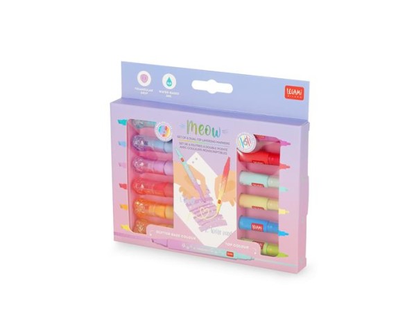 Legami - Set di 6 Pennarelli Doppia Punta con Colori Sovrascrivibili - Meow legami gatto