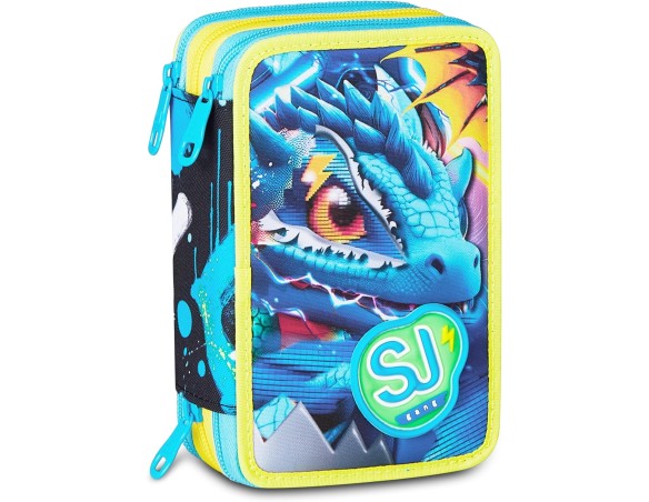 SJ GANG STYLE JAM GANG Astuccio Scuola 3 Zip METAL DRAGON BOY, Celeste, Triplo Scomparto, 45 pezzi, Set cancelleria incluso, Pr