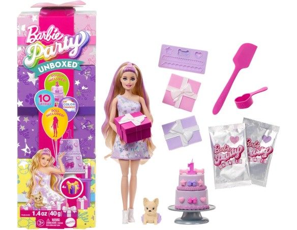 Barbie Party Surprise - Birthday Bows, bambola con 10 accessori a sopresa, effetto cambia colore e decorazioni per la torta, gi