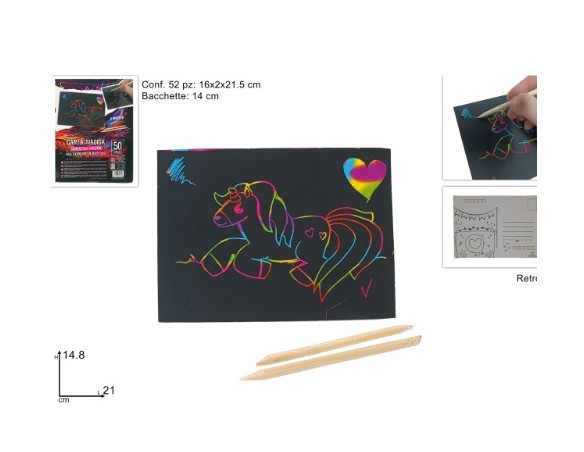Scratch paper arcobaleno 14,8x21 cm, confezione da 50 fogli con matite in legno - Due Esse
