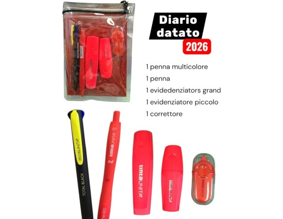 DIARIO DATATO 2026 2027 TINTA UNITA ROSSO + ACCESSORI